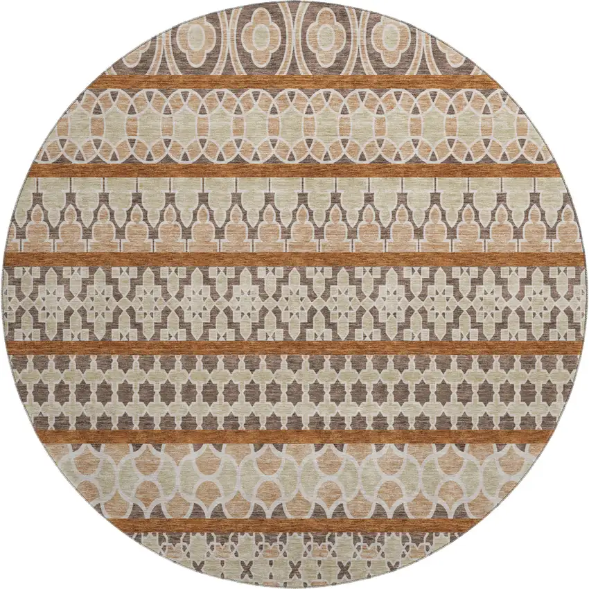 8' Chocolate Ivory And Taupe Ikat Washable Round Rug With UV Protection Photo 1