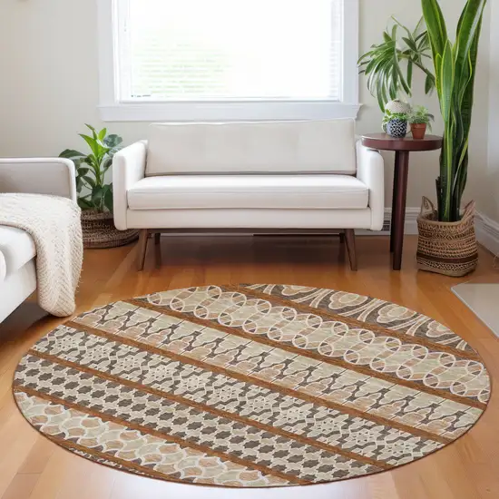 8' Chocolate Ivory And Taupe Ikat Washable Round Rug With UV Protection Photo 5
