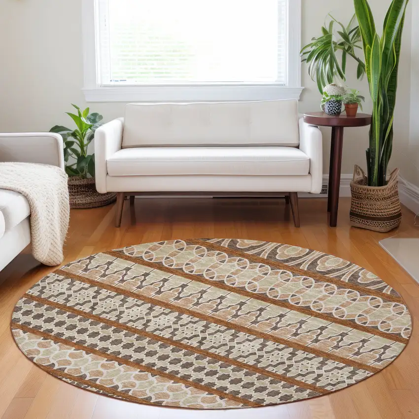 8' Chocolate Ivory And Taupe Ikat Washable Round Rug With UV Protection Photo 5