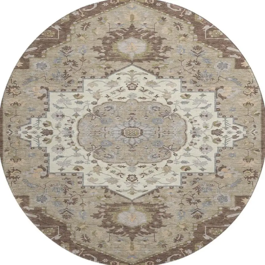 8' Chocolate Ivory And Taupe Oriental Washable Round Rug With UV Protection Photo 2