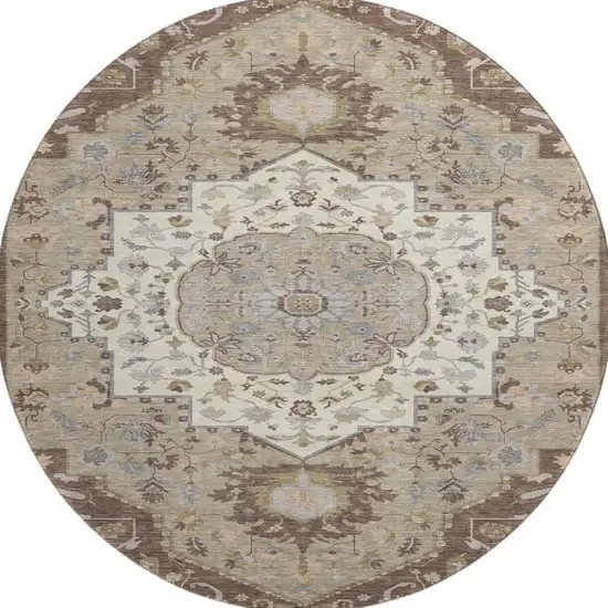 8' Chocolate Ivory And Taupe Oriental Washable Round Rug With UV Protection Photo 2