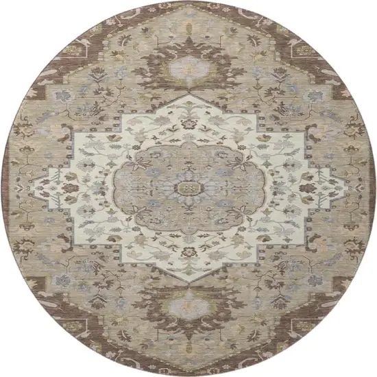 8' Chocolate Ivory And Taupe Oriental Washable Round Rug With UV Protection Photo 3