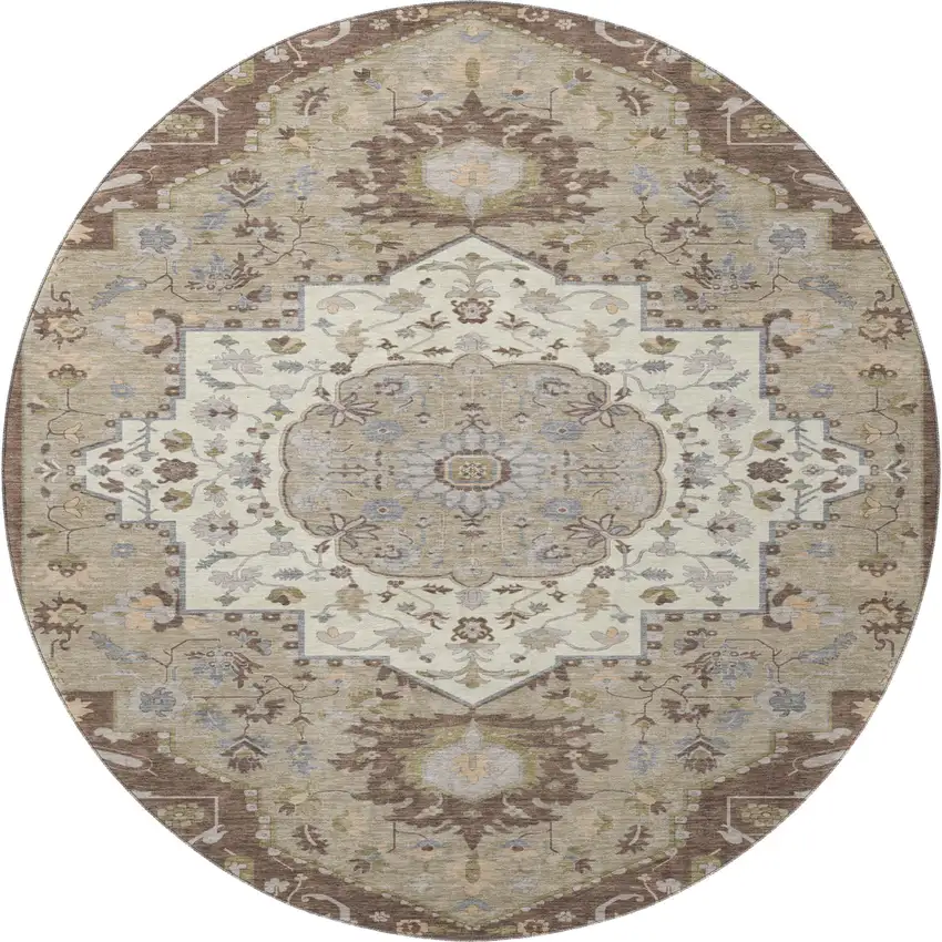 8' Chocolate Ivory And Taupe Oriental Washable Round Rug With UV Protection Photo 3