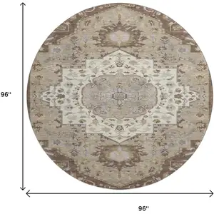 Photo of 8' Chocolate Ivory And Taupe Oriental Washable Round Rug With UV Protection