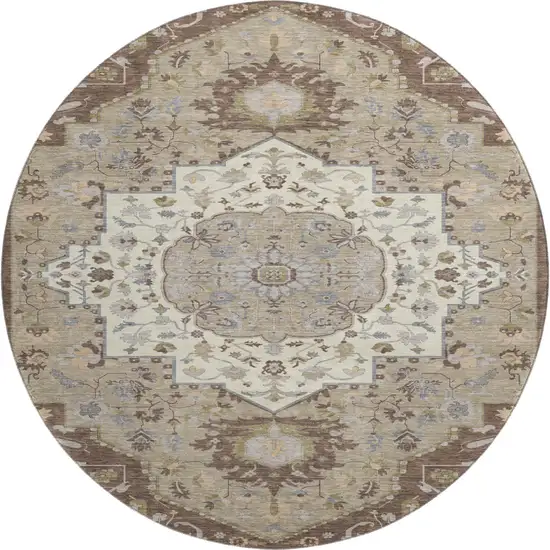 8' Chocolate Ivory And Taupe Oriental Washable Round Rug With UV Protection Photo 1