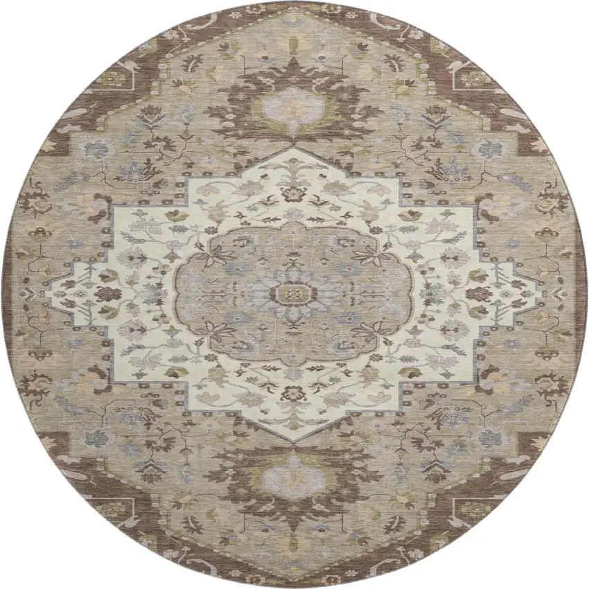 8' Chocolate Ivory And Taupe Oriental Washable Round Rug With UV Protection Photo 1