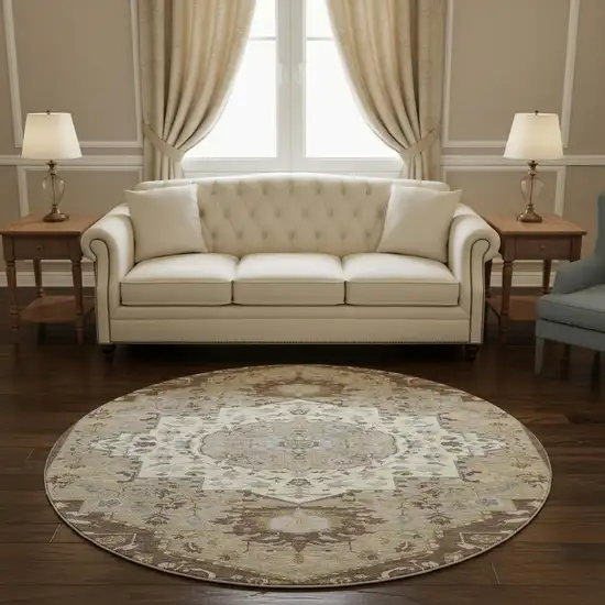 8' Chocolate Ivory And Taupe Oriental Washable Round Rug With UV Protection Photo 2