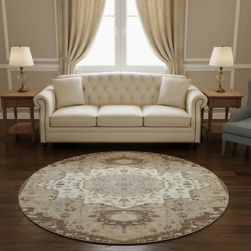 8' Chocolate Ivory And Taupe Oriental Washable Round Rug With UV Protection Photo 2