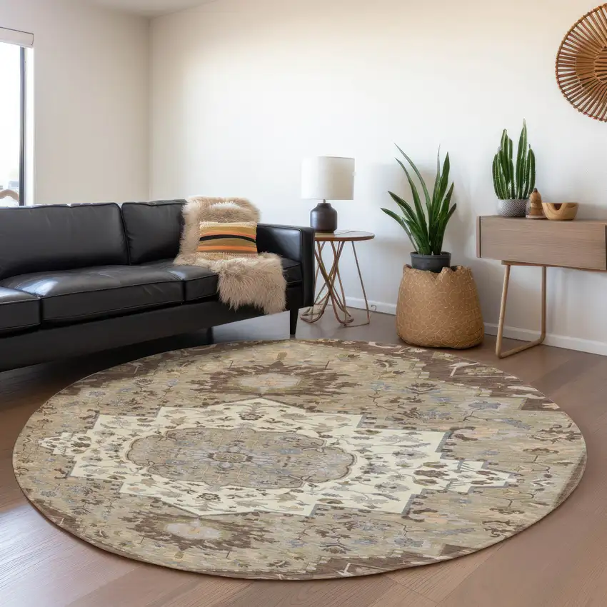 8' Chocolate Ivory And Taupe Oriental Washable Round Rug With UV Protection Photo 4
