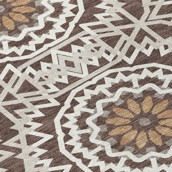 8' Chocolate Ivory And Taupe Round Floral Medallion Washable Indoor Outdoor Area Rug Photo 9