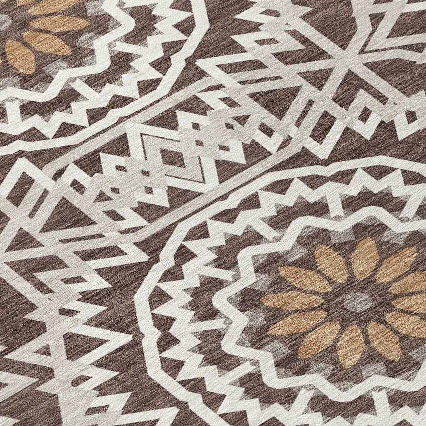 8' Chocolate Ivory And Taupe Round Floral Medallion Washable Indoor Outdoor Area Rug Photo 9