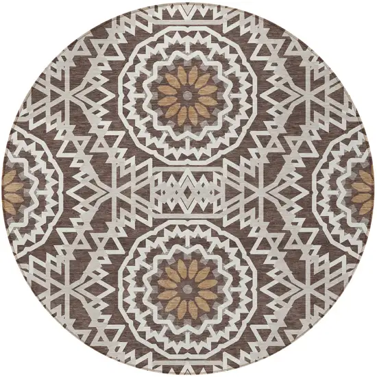 8' Chocolate Ivory And Taupe Round Floral Medallion Washable Indoor Outdoor Area Rug Photo 6