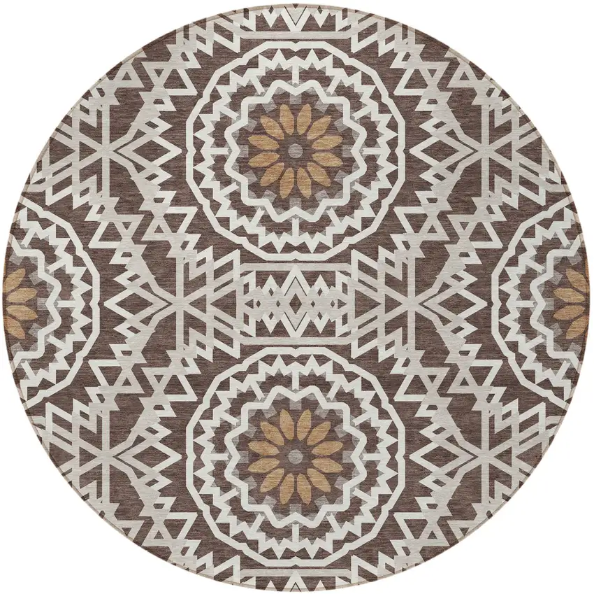 8' Chocolate Ivory And Taupe Round Floral Medallion Washable Indoor Outdoor Area Rug Photo 6