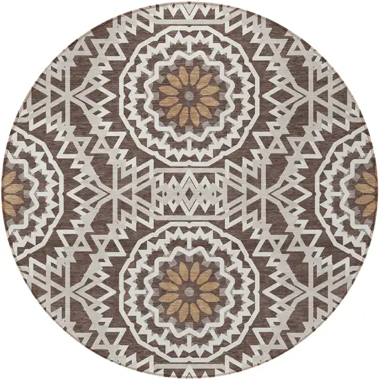 8' Chocolate Ivory And Taupe Round Floral Medallion Washable Indoor Outdoor Area Rug Photo 6