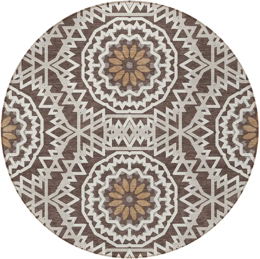 8' Chocolate Ivory And Taupe Round Floral Medallion Washable Indoor Outdoor Area Rug Photo 6
