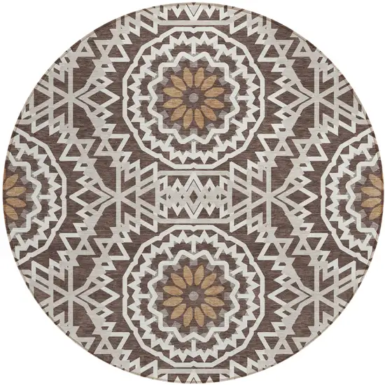 8' Chocolate Ivory And Taupe Round Floral Medallion Washable Indoor Outdoor Area Rug Photo 2