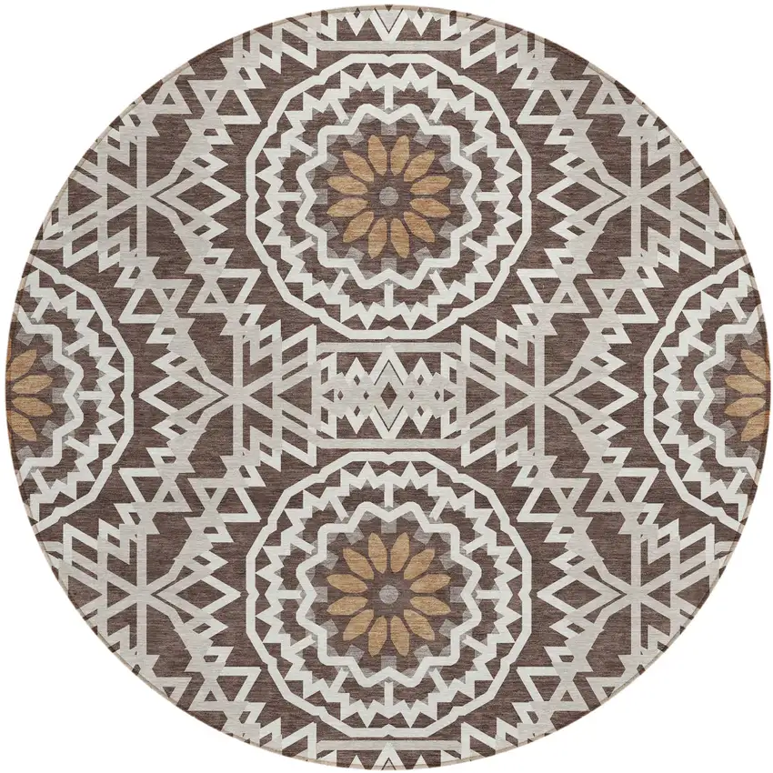 8' Chocolate Ivory And Taupe Round Floral Medallion Washable Indoor Outdoor Area Rug Photo 2