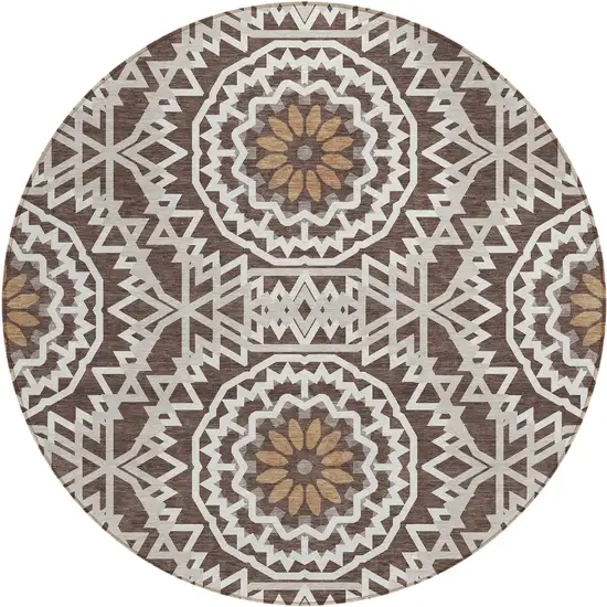 8' Chocolate Ivory And Taupe Round Floral Medallion Washable Indoor Outdoor Area Rug Photo 2