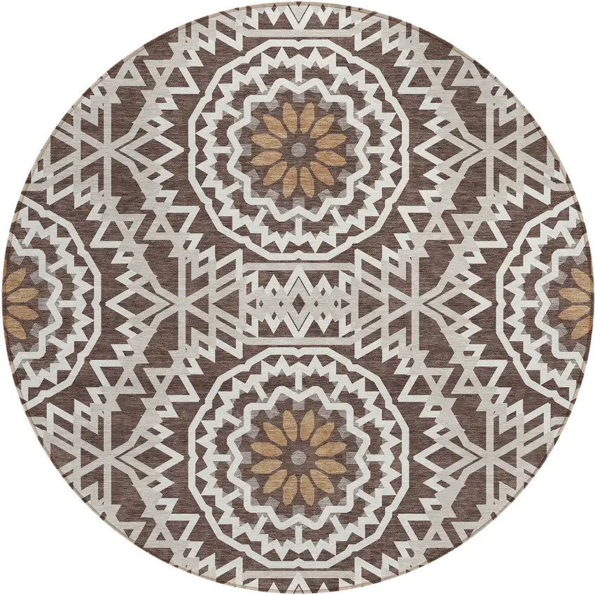 8' Chocolate Ivory And Taupe Round Floral Medallion Washable Indoor Outdoor Area Rug Photo 2