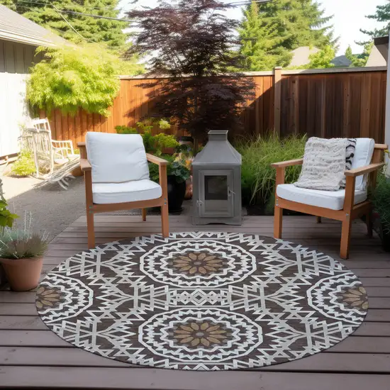 8' Chocolate Ivory And Taupe Round Floral Medallion Washable Indoor Outdoor Area Rug Photo 7