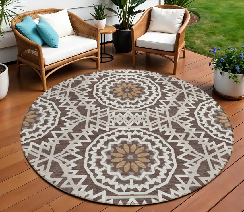 8' Chocolate Ivory And Taupe Round Floral Medallion Washable Indoor Outdoor Area Rug Photo 1