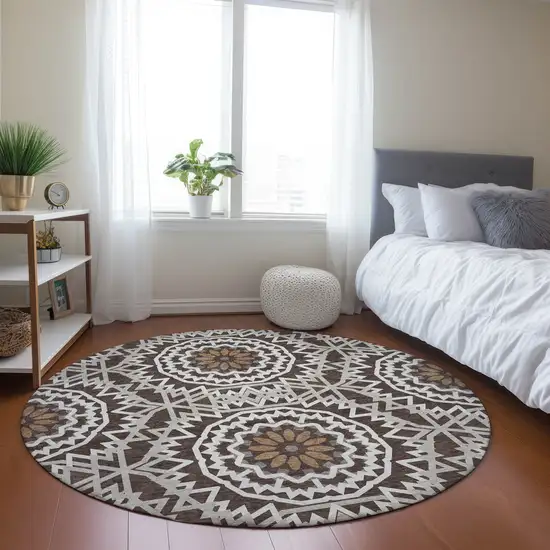 8' Chocolate Ivory And Taupe Round Floral Medallion Washable Indoor Outdoor Area Rug Photo 8