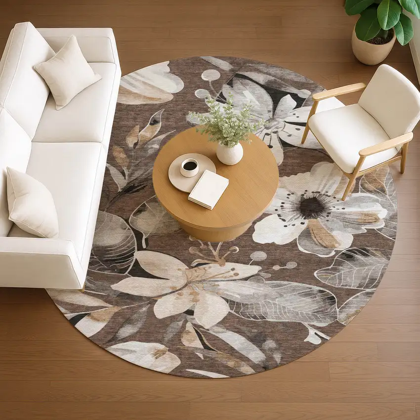 8' Chocolate Ivory And Wheat Round Floral Washable Indoor Outdoor Area Rug Photo 9