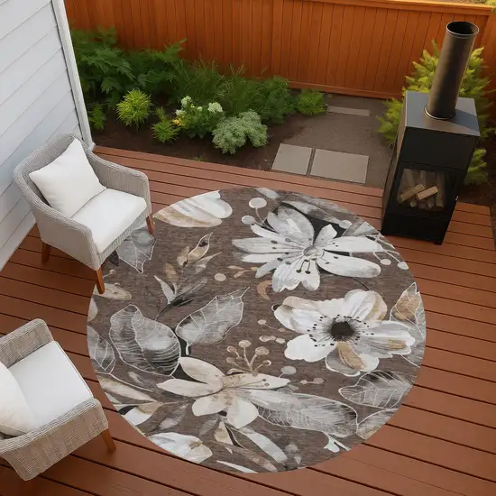 8' Chocolate Ivory And Wheat Round Floral Washable Indoor Outdoor Area Rug Photo 8