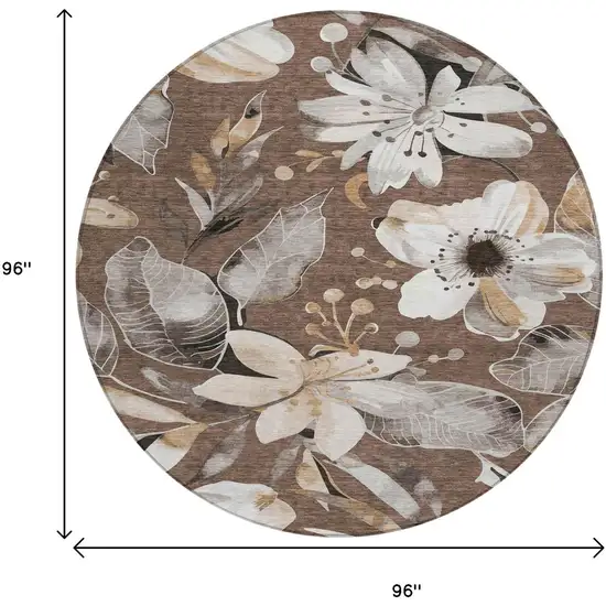 8' Chocolate Ivory And Wheat Round Floral Washable Indoor Outdoor Area Rug Photo 3