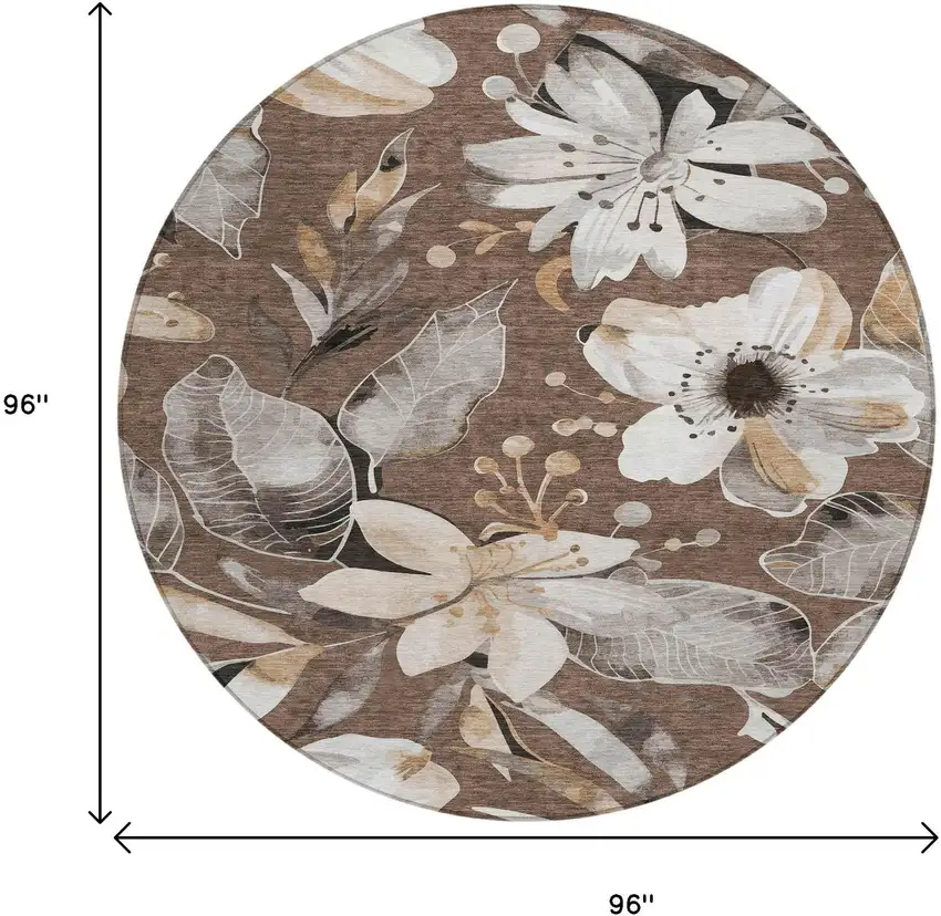 8' Chocolate Ivory And Wheat Round Floral Washable Indoor Outdoor Area Rug Photo 3