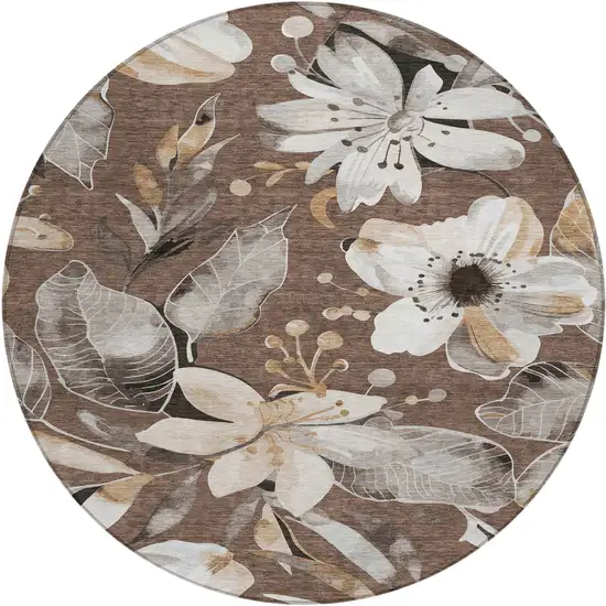 8' Chocolate Ivory And Wheat Round Floral Washable Indoor Outdoor Area Rug Photo 2