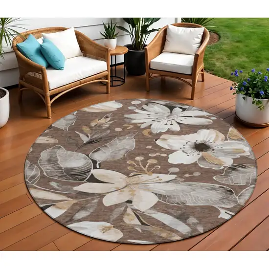 8' Chocolate Ivory And Wheat Round Floral Washable Indoor Outdoor Area Rug Photo 1