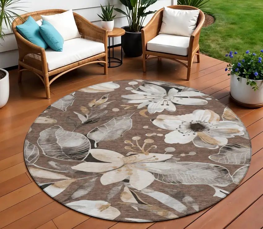 8' Chocolate Ivory And Wheat Round Floral Washable Indoor Outdoor Area Rug Photo 1