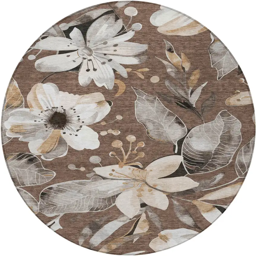 8' Chocolate Ivory And Wheat Round Floral Washable Indoor Outdoor Area Rug Photo 5