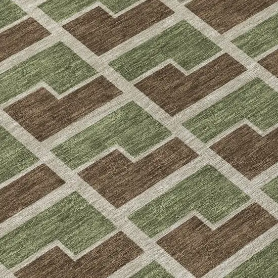 8' Chocolate Olive Green And Beige Round Geometric Washable Indoor Outdoor Area Rug Photo 9