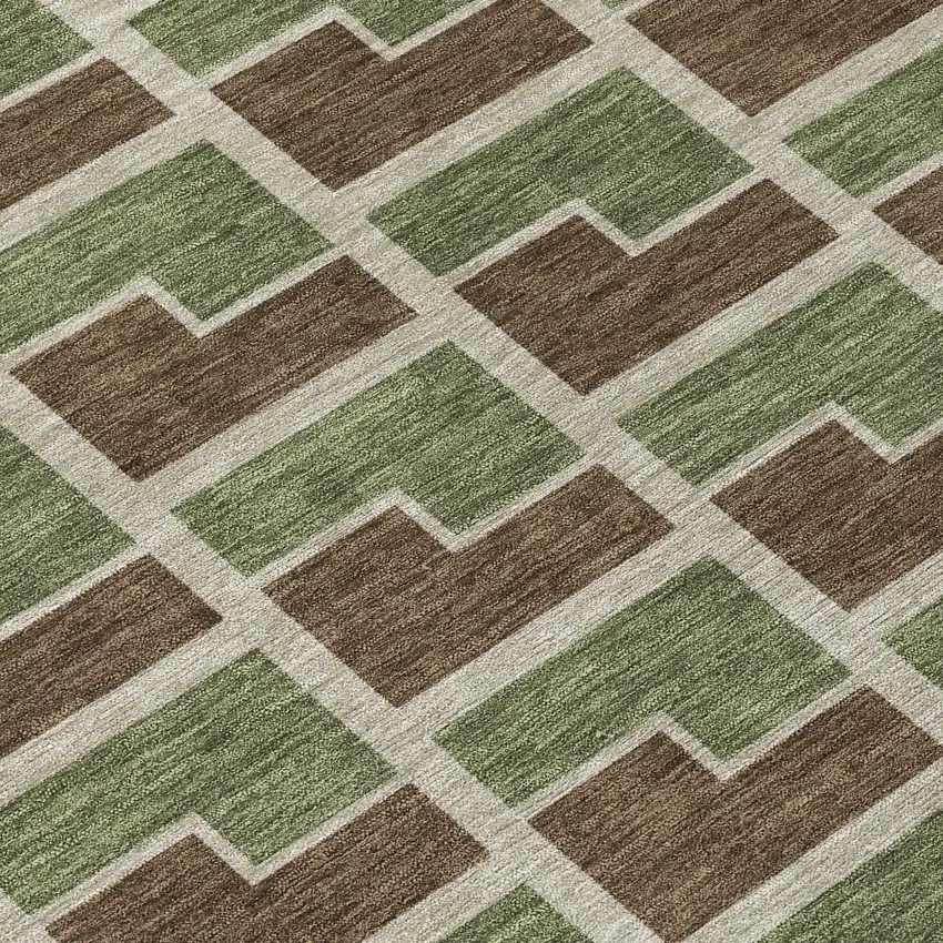 8' Chocolate Olive Green And Beige Round Geometric Washable Indoor Outdoor Area Rug Photo 9