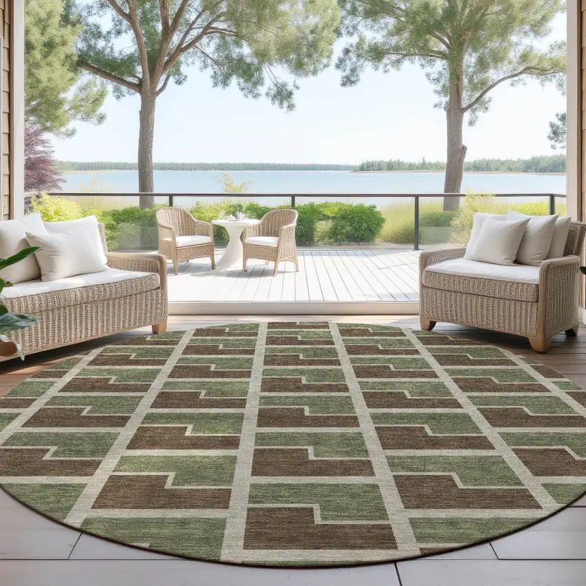 8' Chocolate Olive Green And Beige Round Geometric Washable Indoor Outdoor Area Rug Photo 4
