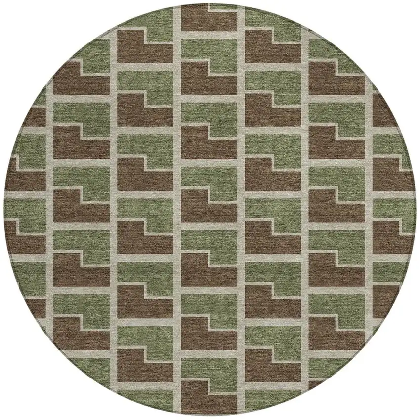 8' Chocolate Olive Green And Beige Round Geometric Washable Indoor Outdoor Area Rug Photo 3