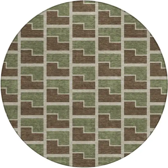 8' Chocolate Olive Green And Beige Round Geometric Washable Indoor Outdoor Area Rug Photo 1