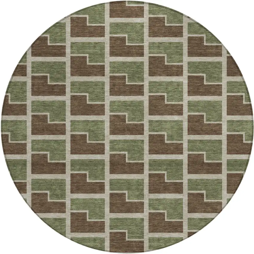 8' Chocolate Olive Green And Beige Round Geometric Washable Indoor Outdoor Area Rug Photo 1