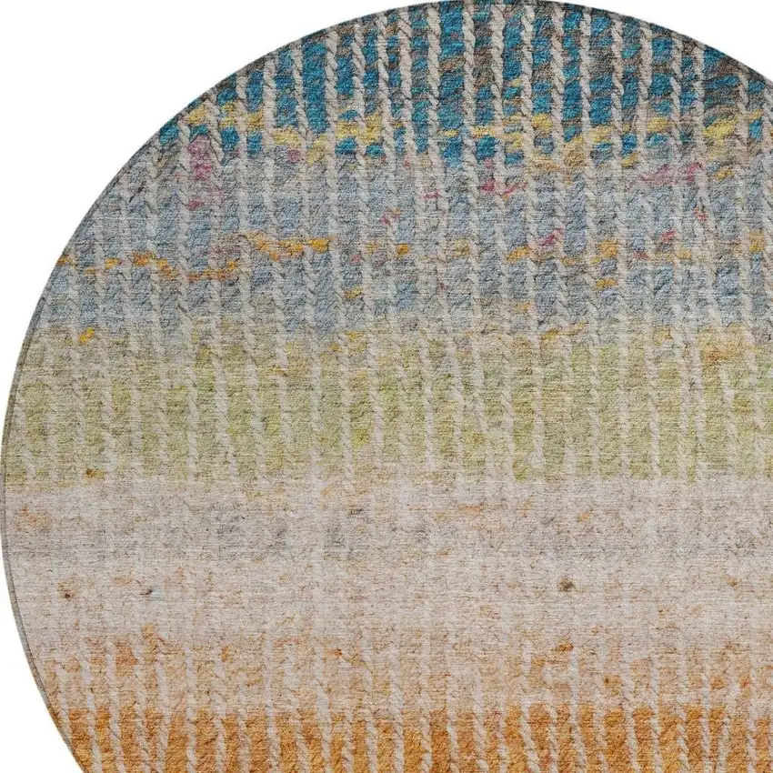 8' Chocolate Orange And Pink Round Striped Washable Indoor Outdoor Area Rug Photo 7