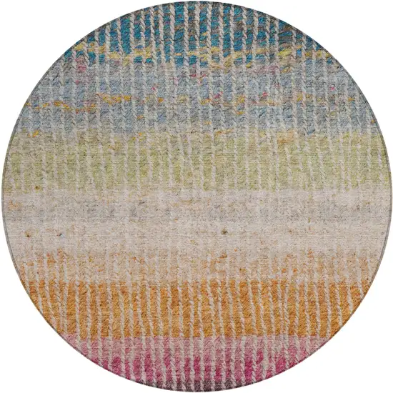 8' Chocolate Orange And Pink Round Striped Washable Indoor Outdoor Area Rug Photo 2