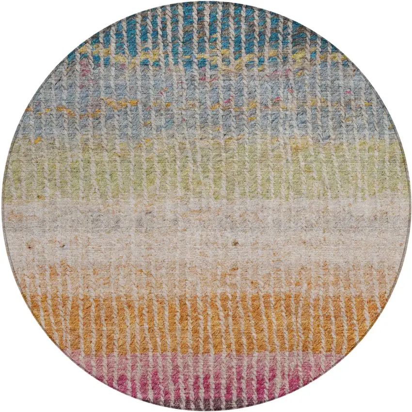 8' Chocolate Orange And Pink Round Striped Washable Indoor Outdoor Area Rug Photo 2