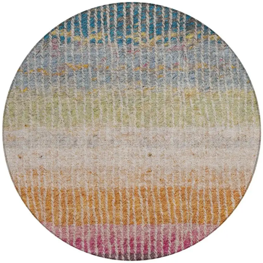 8' Chocolate Orange And Pink Round Striped Washable Indoor Outdoor Area Rug Photo 4