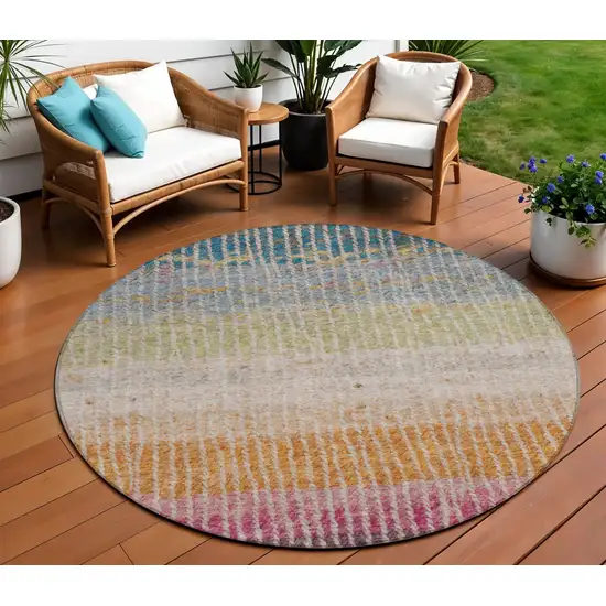 8' Chocolate Orange And Pink Round Striped Washable Indoor Outdoor Area Rug Photo 1