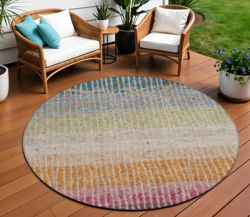 8' Chocolate Orange And Pink Round Striped Washable Indoor Outdoor Area Rug Photo 1