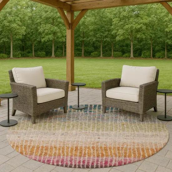 8' Chocolate Orange And Pink Round Striped Washable Indoor Outdoor Area Rug Photo 8