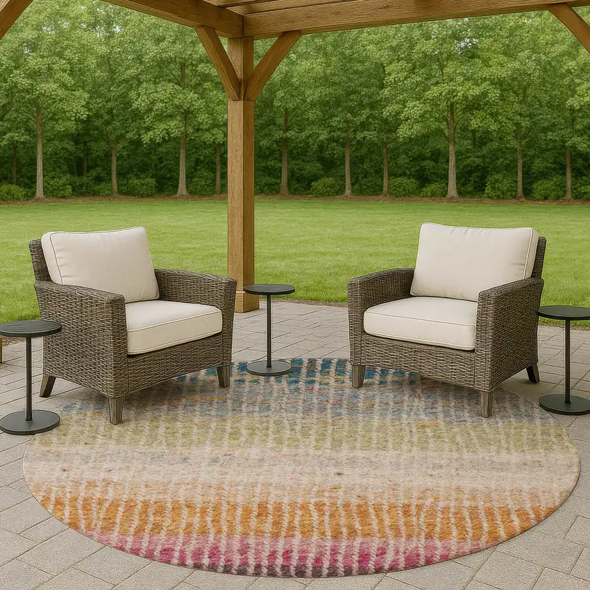 8' Chocolate Orange And Pink Round Striped Washable Indoor Outdoor Area Rug Photo 8