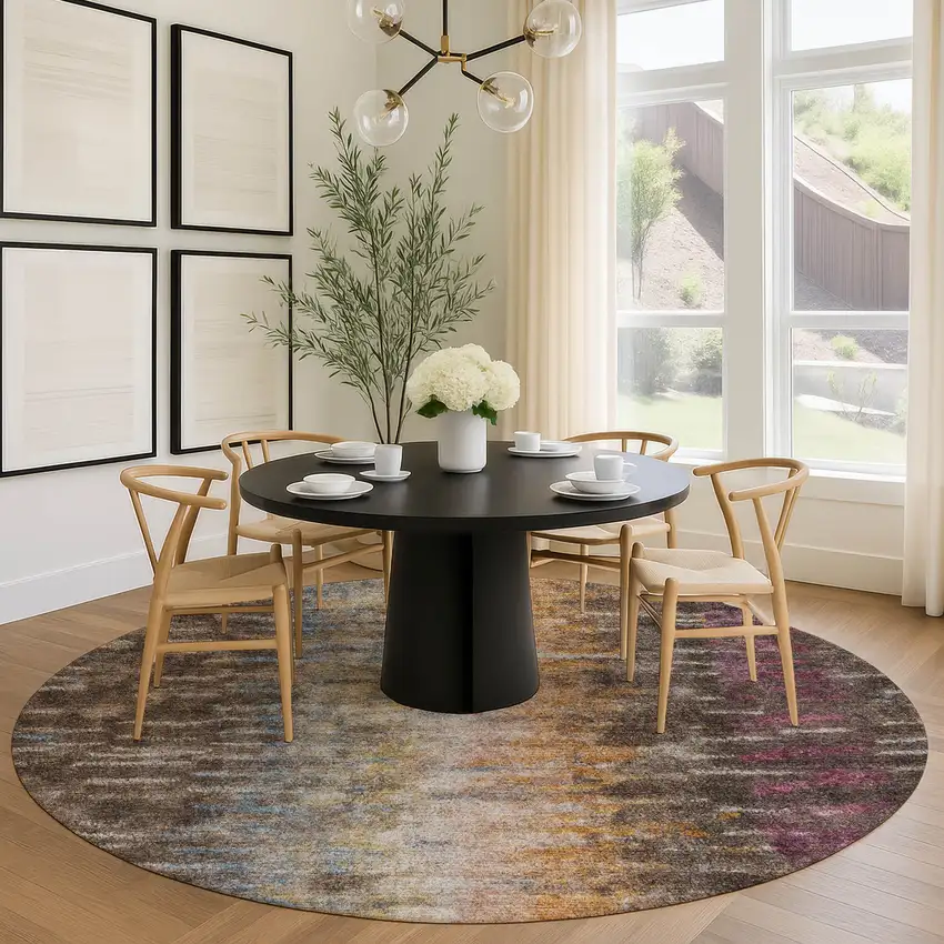 8' Chocolate Orange And Purple Round Abstract Washable Indoor Outdoor Area Rug Photo 9