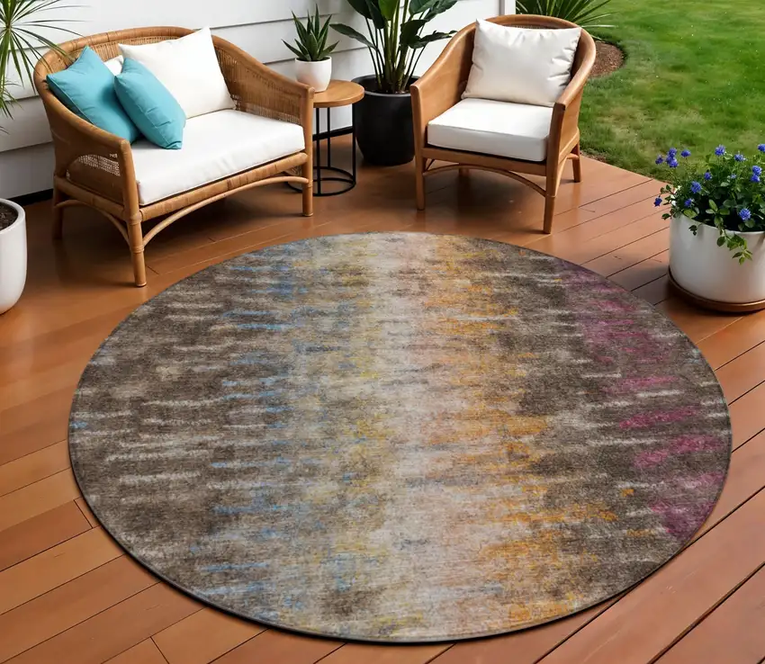 8' Chocolate Orange And Purple Round Abstract Washable Indoor Outdoor Area Rug Photo 1